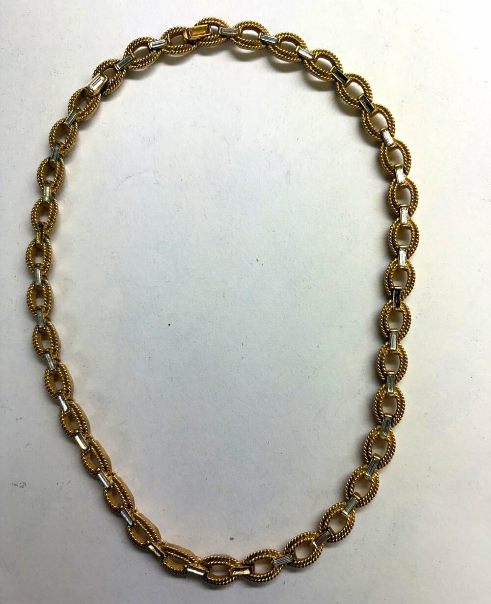 Vintage Crown Trifari Gold Tone Baguette Rhinestone Link necklace 16"